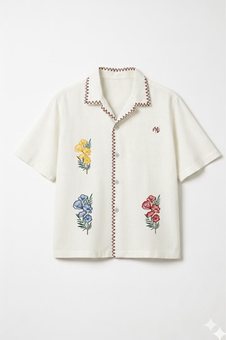 FabLux Floral Embroidery Cuban Shirt